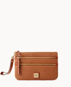 Pebble Grain Triple Zip Wristlet Caramel